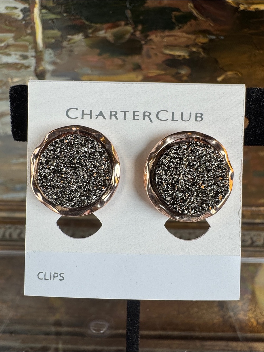 0605-Charter Club Rose Gold and Gunmetal Druzy Clip Earrings